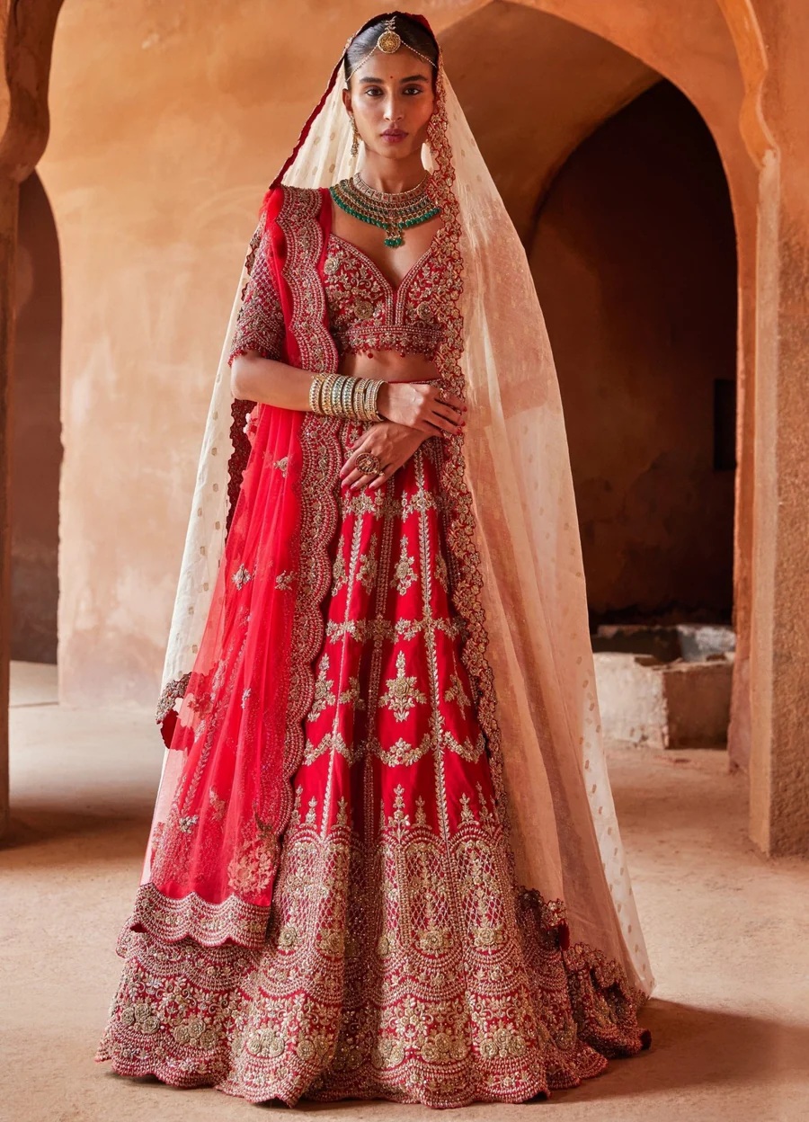 Scarlet Red Bridal Lehenga With Gold Floral Detailing