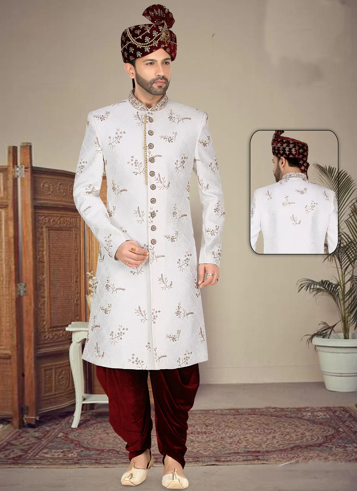 Jacquard Silk Dhoti Sherwani in Maroon and White with Resham Work for Men