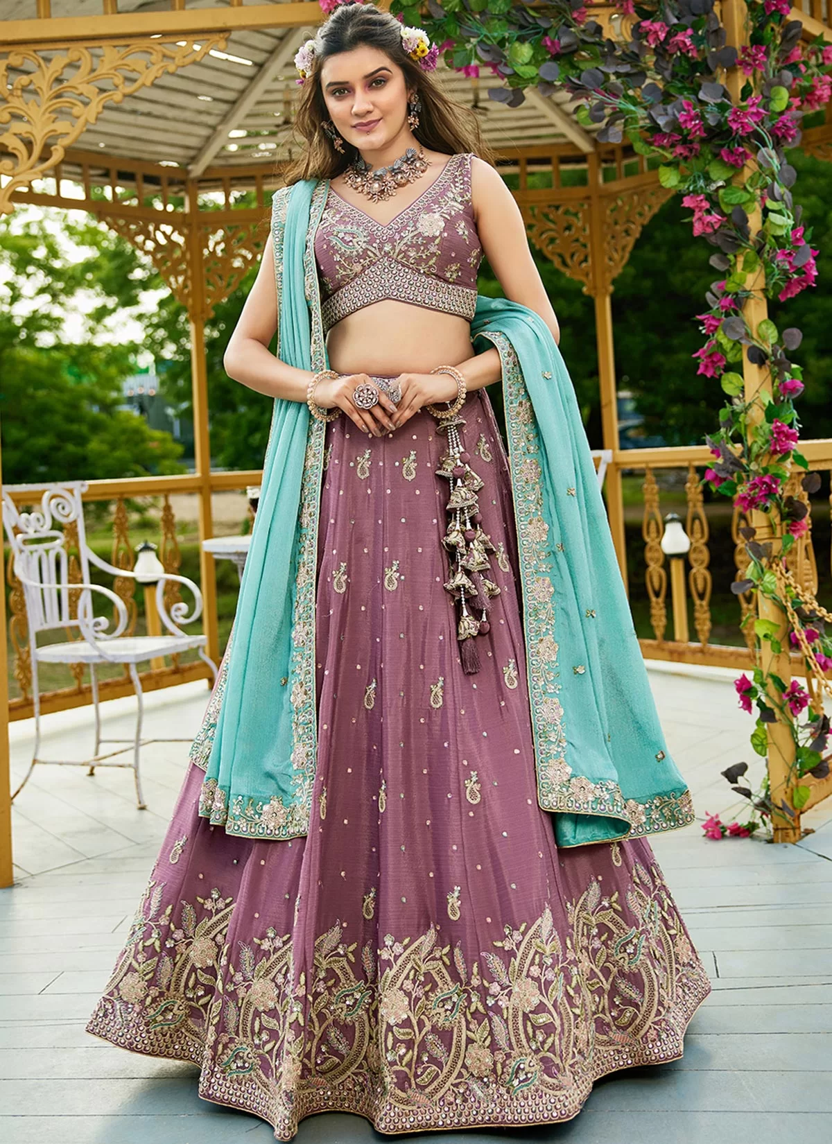 Chinon Designer Lehenga Choli with Embroidered Work for Bridal in Hot Pink